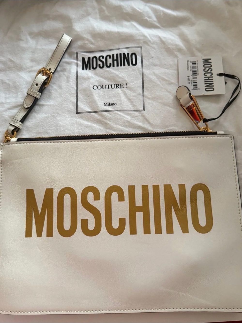 Moschino White Leather Clutch with Gold Logo